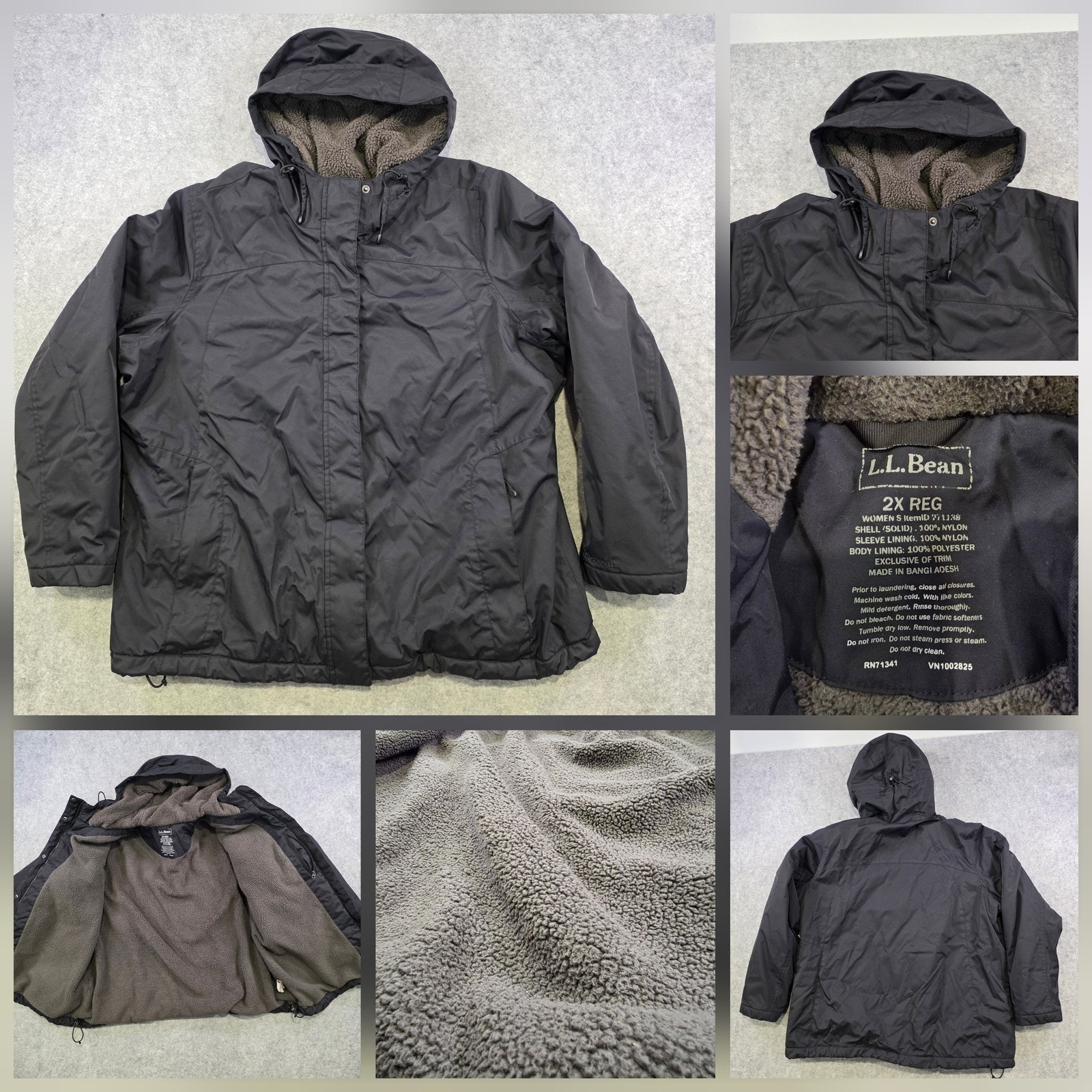 Ll Bean Jacket Womens 2x Black Hooded Fleece Lined Full Zip Insulated Parka